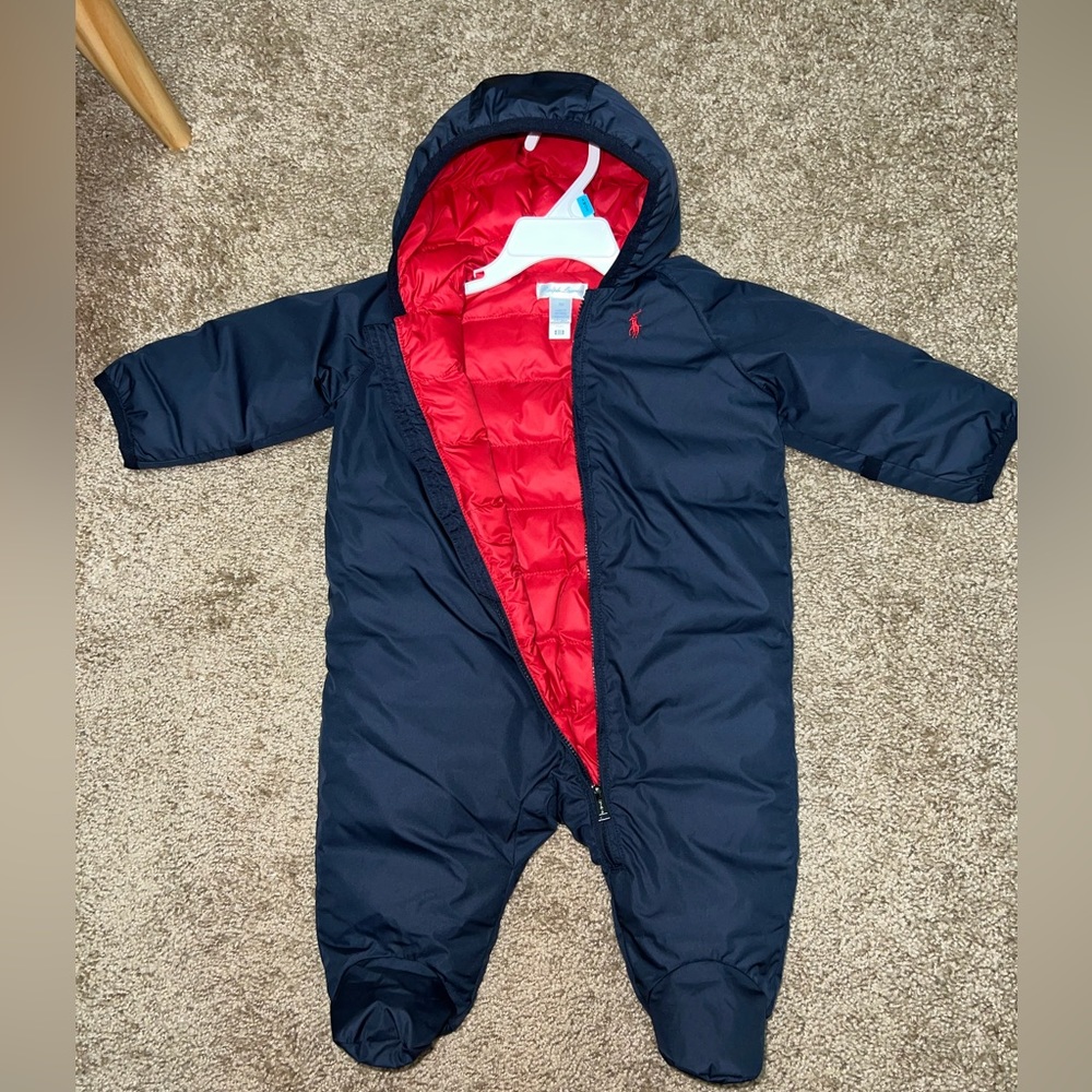 Polo puffer one piece, 3 month size, blue & red, never worn